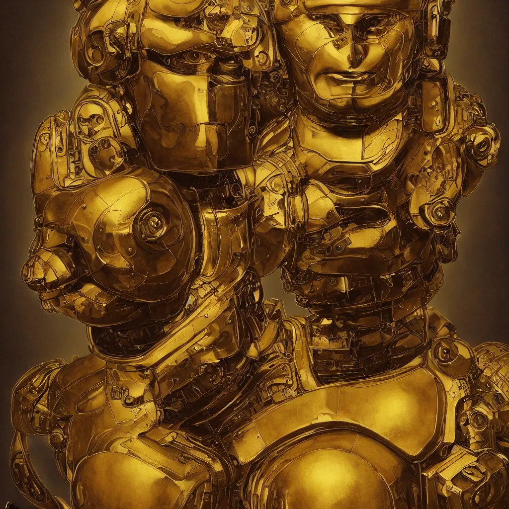 Image similar to cinematic bust portrait of futuristic god robot, head and chest only, part by Norman Rockwell, part by maxfield parrish, part by Mattias Adolfsson part by Moebious, high angle, intricate, detailed, volumetric lighting, oil on canvas, HD, HDR, 4K, 8K , nice colors, hyper-realistic