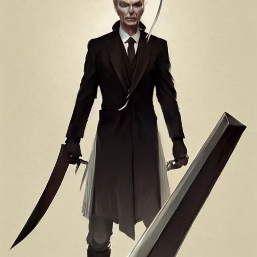 Image similar to portrait of a friendly formal well - groomed david bowie, huge realistic broadsword, elegant, rule of thirds, wide angle, highly detailed, artstation, concept art, matte, sharp focus, art by greg rutkowski, cover by artgerm