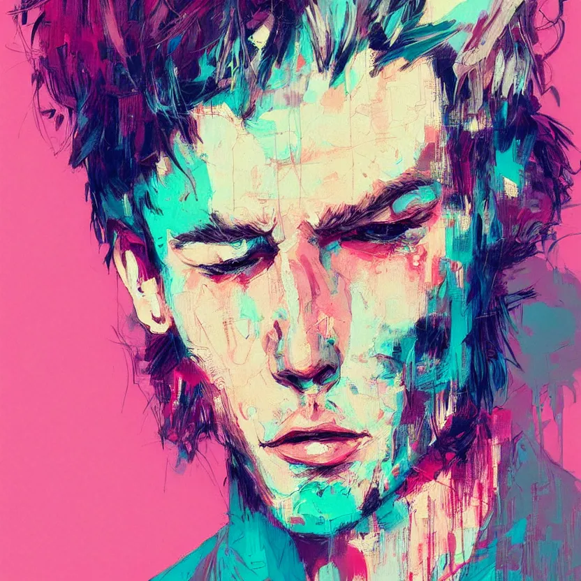 Image similar to close up portrait painting of a male in nineties street styling, concept art, intricate details, aesthetically pleasing pastel colors, art by conrad roset, impressionism, portrait