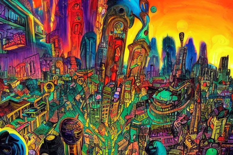 Image similar to surreal colorful nightmarish cityscape, artwork by ralph bakshi