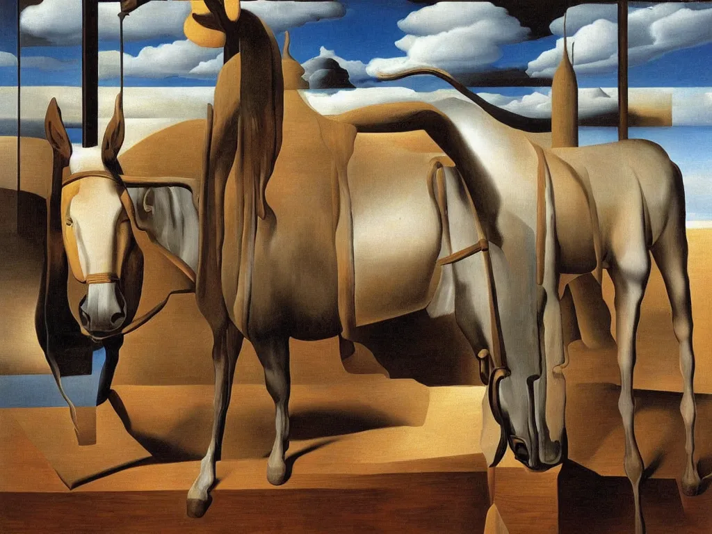 Image similar to a mule in the a rustic bar, by Salvador Dali, by Rene Magritte, award winning, amazing resolution.