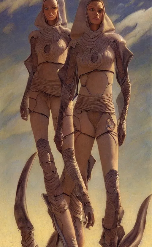 Image similar to beautiful female fremen on dune, by edgar maxence artgerm ross tran and michael whelan and gustav klimpt