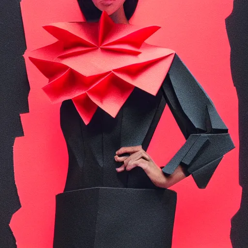 Image similar to origami portrait of a fashion model, black and red