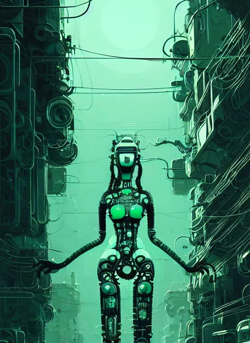 Image similar to highly detailed portrait of a biopunk long curly white hair tribal lady, stray wiring by atey ghailan, james gilleard, by joe fenton, by greg rutkowski, by greg tocchini, by kaethe butcher, 4 k resolution, gradient green, black and white color scheme!!! ( ( green irradiated robotic dystopian city background ) )