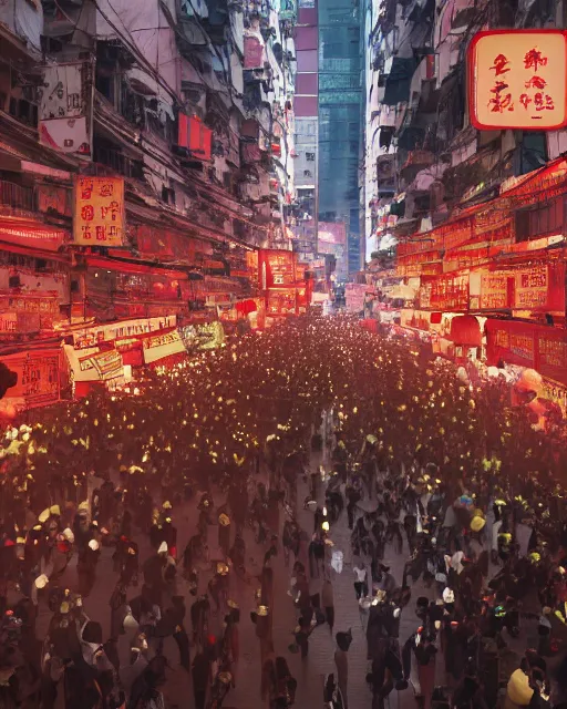Prompt: chinese new year decoration, chinese new year parade, crowd of people, street, poor buildings, hong kong buildings, kowloon, slums, cyberpunk, ghost in the shell, dramatic lighting, trending on Artstation, 8k, highly realistic, hyper detailed, unreal engine 5, IMAX quality, realistic, cinematic, epic lighting, realistic, Matte Painting, masterpiece,