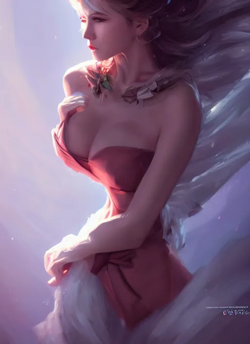 Image similar to beautiful fashion goddness, strapless dress, character portrait in the style of thomas river and artgerm, wlop, cinematic lighting, hyperdetailed, 8 k realistic, symmetrical, global illumination, radiant light, halo, love and mercy, frostbite 3 engine, cryengine, dof, trending on artstation, digital art, chanel