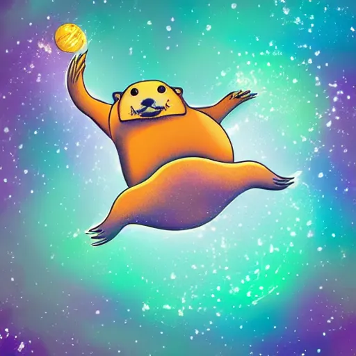 Image similar to digital illustration of a fat otter swimming through outer space, with colorful nebulae