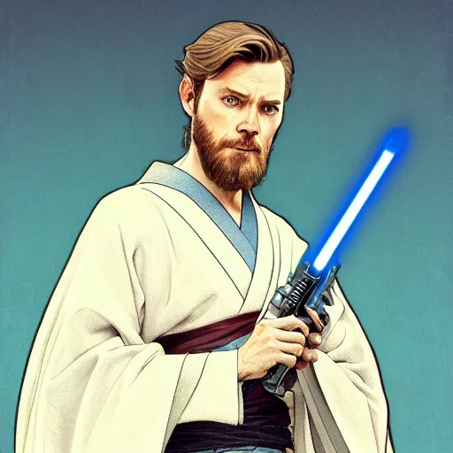 Prompt: Portrait of Obi-Wan Kenobi wearing a traditional Japanese kimono and holding a blue lightsaber, intricate, elegant, highly detailed, digital painting, artstation, concept art, smooth, sharp focus, illustration, art by artgerm and greg rutkowski and alphonse mucha and andrei riabovitchev