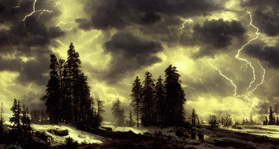 Prompt: heaven!! angels!! god rays, snowy, windy, by eugene von guerard, ivan shishkin, night, lightning!!, storm!, dramatic lighting, concept art, trending on artstation, 8 k