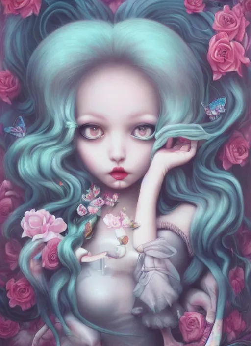 Image similar to pop surrealism, lowbrow art, realistic cute sitting alice girl painting, japanese street fashion, hyper realism, muted colours, rococo, natalie shau, loreta lux, tom bagshaw, mark ryden, trevor brown style,