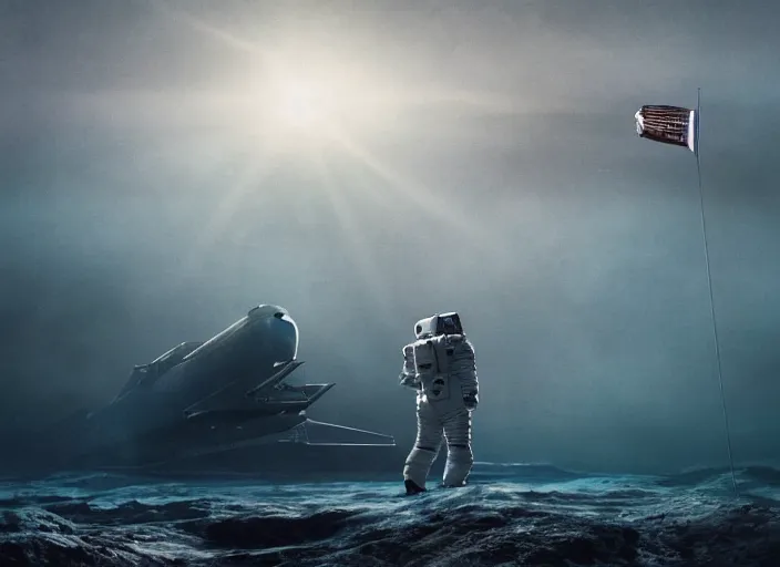 Image similar to astronaut holding a flag in an underwater desert. a submarine is visible in the distance. dark, concept art, cinematic, dramatic, atmospheric, 8 k, trending on artstation, blue, fish, low visibility, light rays, extremely coherent, bubbles, fog, ocean floor, christopher nolan, interstellar