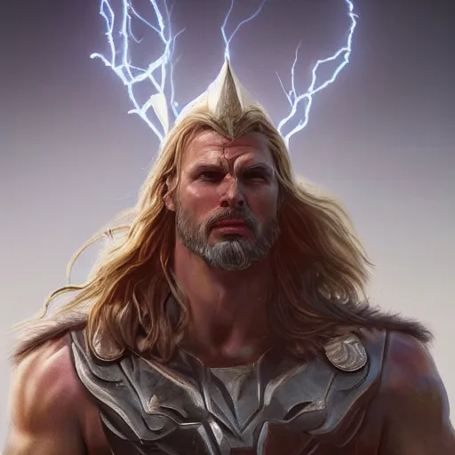 Image similar to god of thunder, detailed, centered, digital painting, artstation, concept art, simon bisley, breathtaking, 8 k resolution, extremely detailed, beautiful, establishing shot, artistic, hyperrealistic, beautiful face, octane render, cinematic lighting, dramatic lighting, masterpiece