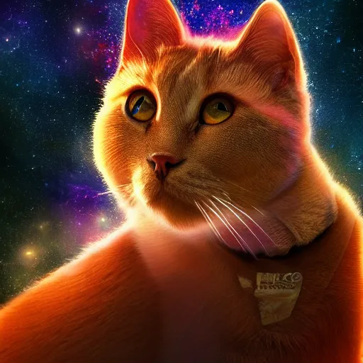 Image similar to all knowing galaxy cat god of the celestial cosmos, trending on artstation, nasa photos, 4 k, hyper realism, high detail, cinematic, cinematic lighting, epic, realistic, fantasy