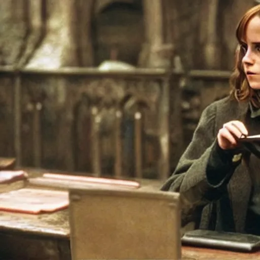 Prompt: Still from Harry Potter movies, Emma Watson using a computer during school in Hogwarts