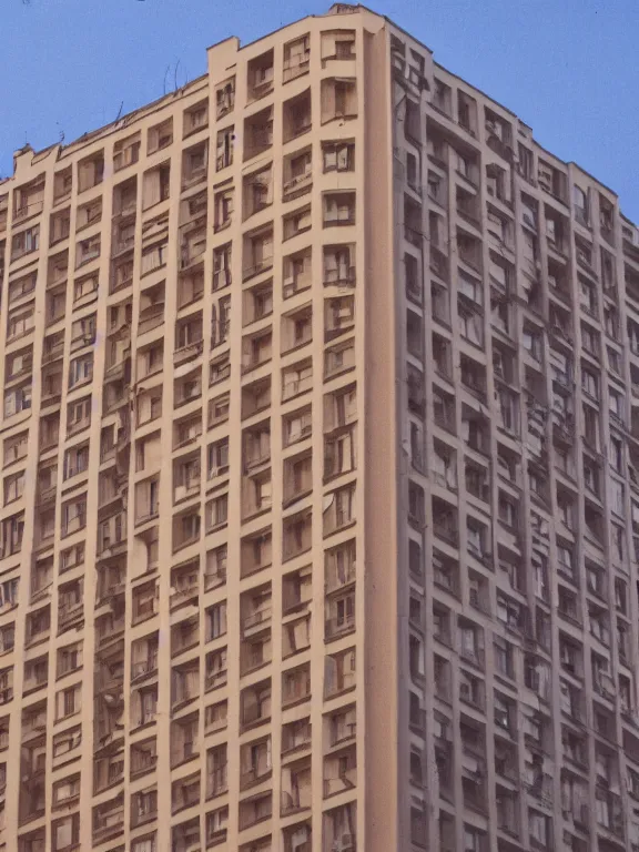 Prompt: photo of low soviet panel residential building, extreme wide shot, golden hour, kodak gold 2 0 0, side - view