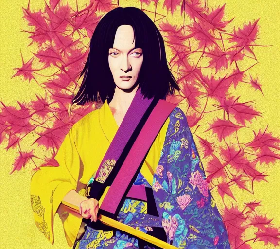 Image similar to breathtaking detailed pattern pastel colors, action scene from kill bill, with uma thurman ( kill bill ) in yellow kimono, swinging katana sword and autumn leaves, fuji, by hsiao - ron cheng, exquisite detail, enhanced eye detail