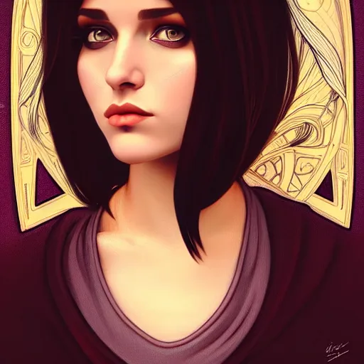 Image similar to curvy brunette woman with straight hair in a bob, romanian heritage, brown eyes, no bangs, digital art, cinematic, concept art, 8k, painting, imaginefx, cgsociety, art nouveau, Alphonse Mucha, trending on artstation, medium shot, head shot