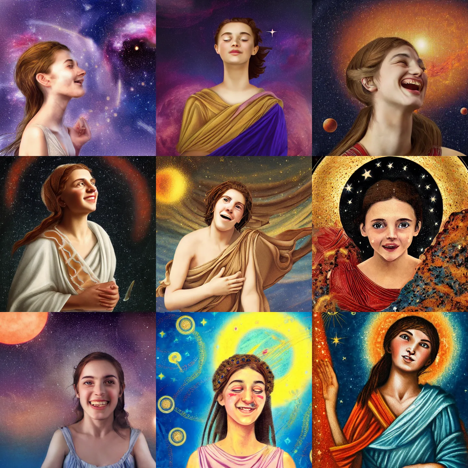 Prompt: ecstatic ancient greek girl surrounded by the cosmos, photorealistic