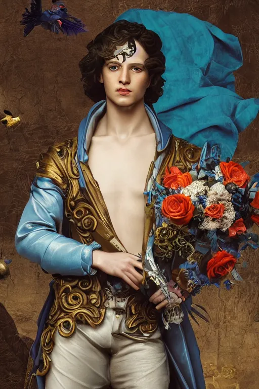 Prompt: a young handsome Spanish prince in a full-body bronze cyberpunk style statue of an android with glowing blue eyes, crown of peach roses, flowing teal-colored silk, fabric, flowers. baroque elements, human skull. full-length view. baroque element. intricate artwork by caravaggio. many many birds birds on background. Trending on artstation, octane render, cinematic lighting from the right, hyper realism, octane render, 8k, depth of field, 3D