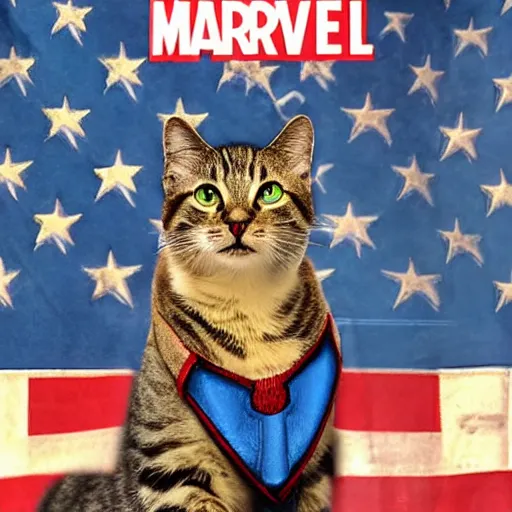 Prompt: cat as american captain, realistic, by marvel