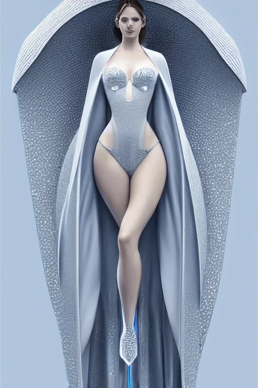Image similar to detailed beautiful noun in opened white gold blue coat, seductive confident pose, attractive feminine curves, intricate details, futuristic, alien, elegant cape, elegant, photorealism, trending on artstation, holy halo, advanced technology, art by moebius and vitaly bulgarov and chanthara