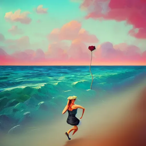 Prompt: portrait, giant rose flower head, woman running at the beach, surreal photography, sunrise, blue sky, dramatic light, impressionist painting, digital painting, artstation, simon stalenhag