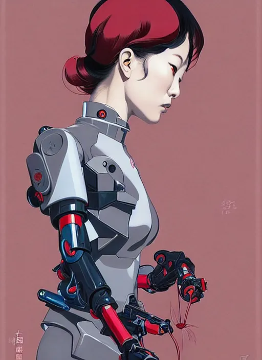 Image similar to Artwork by James Jean and Phil noto; a young Japanese future police lady named Yoshimi battles an evil natures carnivorous robot on the streets of Tokyo; Art work by Phil noto and James Jean