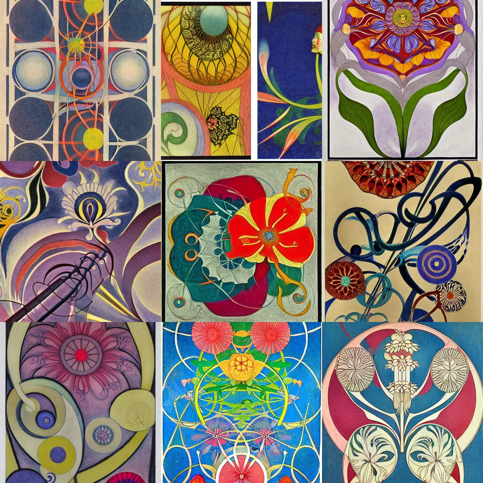 Prompt: flower ( ( art nouveau ) ) ( ( ( bauhaus ) ) ), ( ( alien ) ), intricate detail, sharp focus, ( colorful ), by ( ( hilma af klint ) ) and escher and hokusai and ( botticelli ) and frank lloyd wright and ( james jean ) and ( ( hr geiger ) )