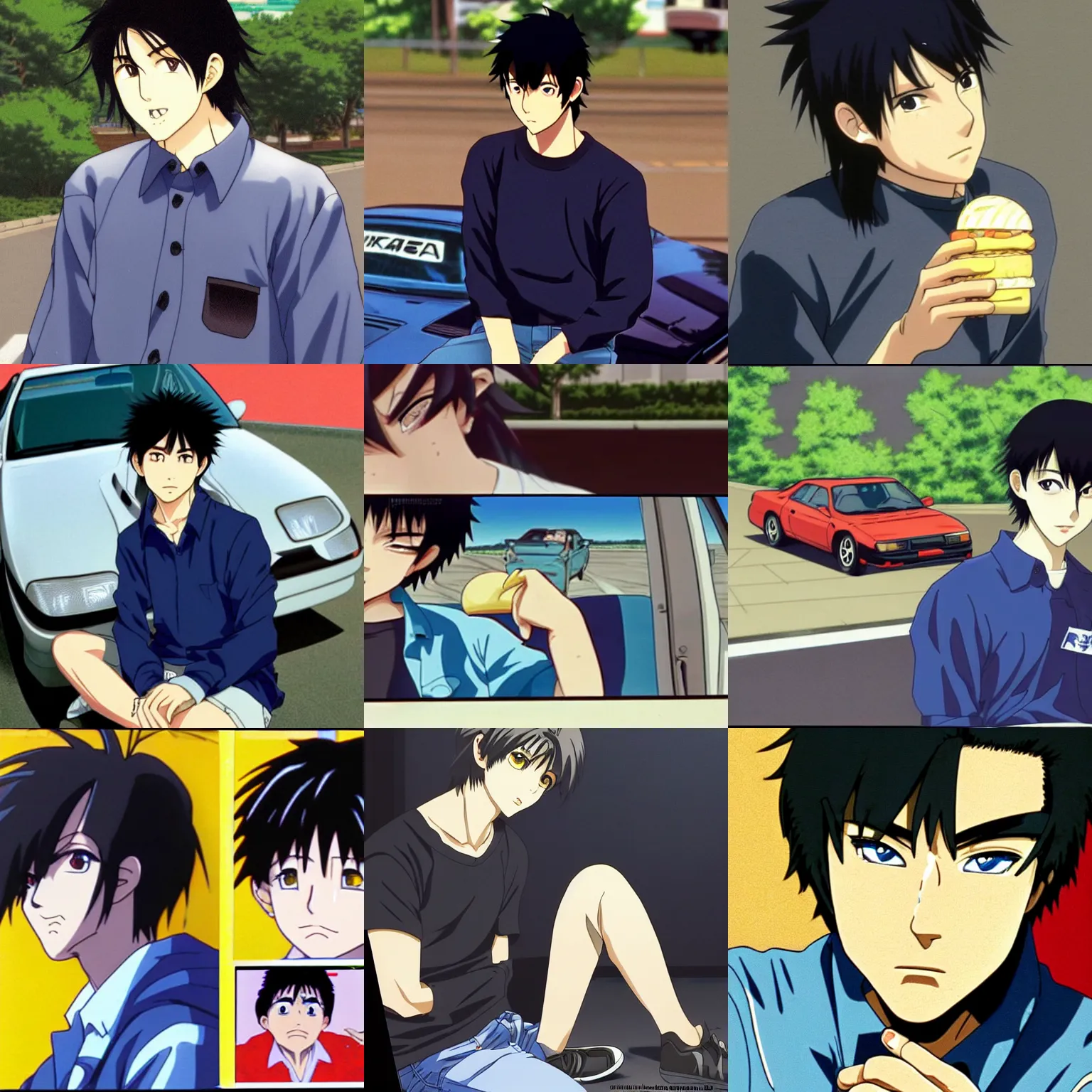 Prompt: very serious ryosuke takahashi with black hair wearing a dark blue shirt eating mcdonald's cheeseburger sitting on the hood of his mazda rx 7, initial d anime screenshot, initial d anime 1 0 8 0 p, detailed anime face, 1 9 9 8's anime, high detail, 9 0 s anime aesthetic
