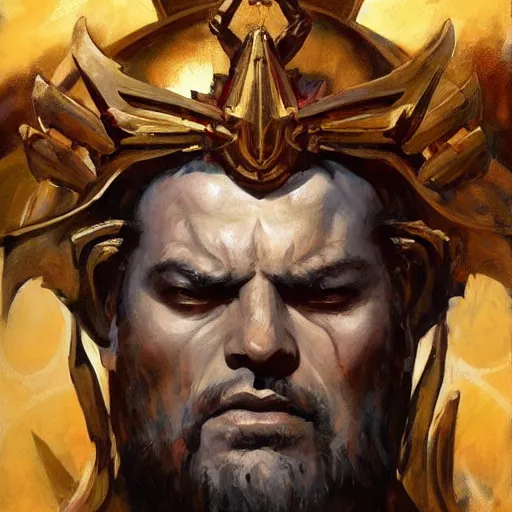 Prompt: greg manchess portrait of the blessed and epic emperor of mankind in a shine of eternal glory warhammer 4 0 k, fantasy, medium shot, asymmetrical, profile picture, organic painting, sunny day, matte painting, bold shapes, hard edges, street art, trending on artstation, by huang guangjian and gil elvgren and sachin teng