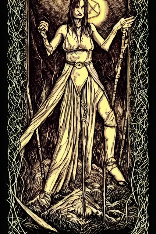 Image similar to dark fantasy, tarot card of the radie peat from the band lankum!!!!!, dark surrealist , fantasy, intricate, elegant, highly detailed, digital painting, artstation, concept art, smooth, sharp focus, illustration, art by Jim Fitzpatrick