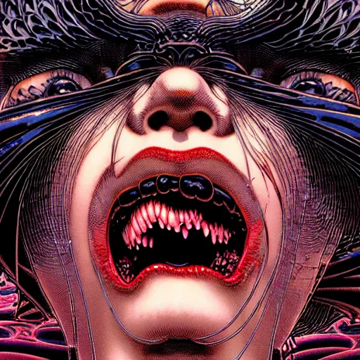 Image similar to closeup of face melting and tongues, by yoichi hatakenaka, masamune shirow, josan gonzales and dan mumford, ayami kojima, takato yamamoto, karol bak