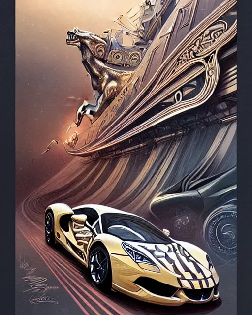 Prompt: Art nouveau Ferarri car, fantasy, intricate zigzag designs, elegant, highly detailed, sharp focus, art by Artgerm and Greg Rutkowski and WLOP