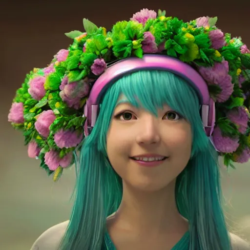 Prompt: 3 d octane render of hatsune miku wearing a large flower crown, in the movie midsommar directed by ari aster