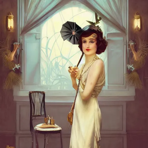 Image similar to 1920s girl ready for fancy afternoon tea with friends, highly detailed, digital painting, cgsociety, concept art, sharp focus, illustration, art by artgerm and greg rutkowski and alphonse mucha