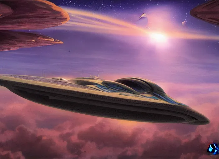 Prompt: a spaceship in a stunning landscape by chris moore