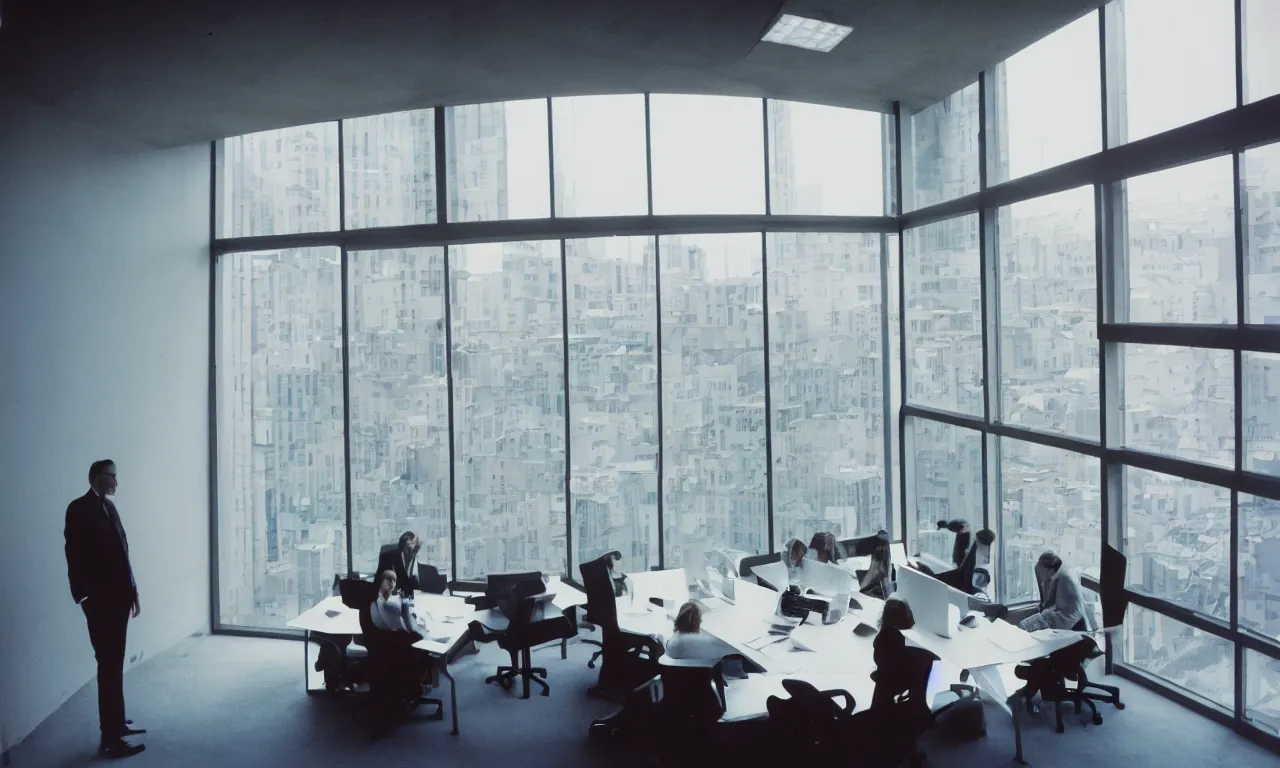 Image similar to inside of big modern designer's office with business people, architecture, window, concrete, ground level camera view, 35 mm, kodak ektachrome