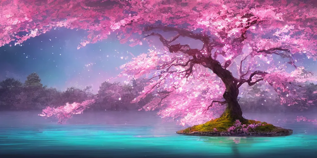 Image similar to a single sakura tree growing upon an island in a lake, cherry blossoms, illustration, light beams, digital art, oil painting, fantasy, 8 k, trending on artstation, detailed