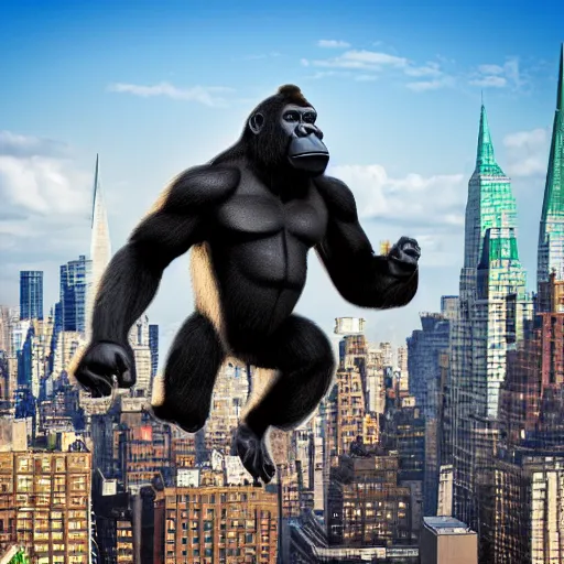 Prompt: gorilla superhero, flying over manhattan, 3d, 4k, by alan ross