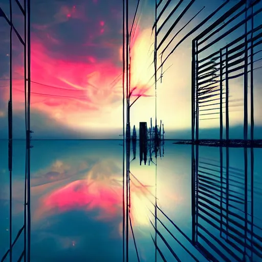 Image similar to Surreal art, suspended wires, synthetic city, beams of light, inverted buildings, clouds of ash, infinite horizon, sunset, reflections, cinematic, otherworldy.