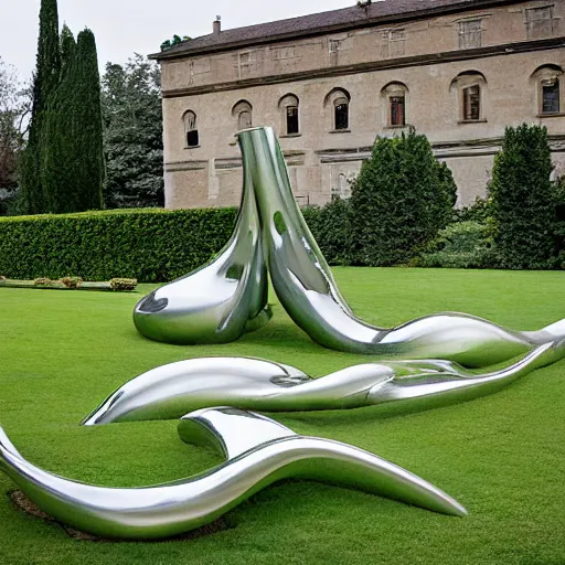 Image similar to giant Italian modern castle formal garden with a series of modern stainless steel organic shaped modern sculptures with mirror finish by Tony Cragg, photo by Annie Leibovitz