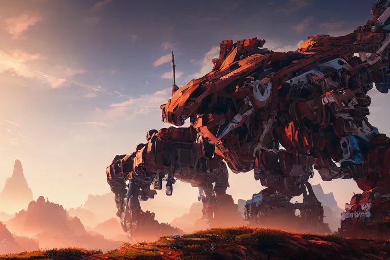 Image similar to rockbreaker machine mecanical creature robot of horizon forbidden west horizon zero dawn radiating a glowing aura global illumination ray tracing hdr fanart arstation by ian pesty and alena aenami artworks in 4 k