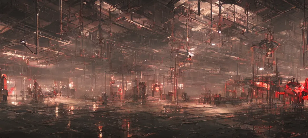 Image similar to dystopian factory building robots, with suspended rails and hanging mechanical parts, robotic arms, red leds, concept art by craig mullins, gloomy, neon lights