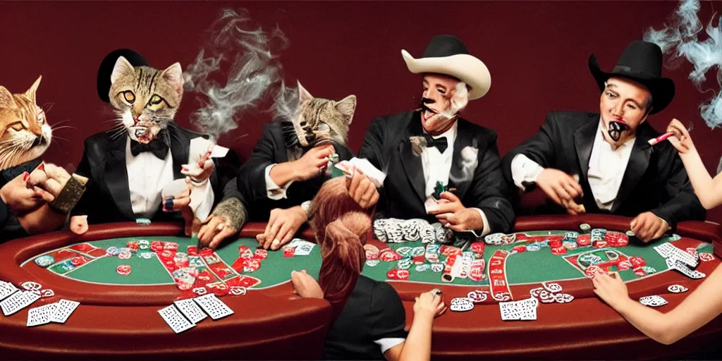 Image similar to five cats playing Texas holdem poker, smoking cigarettes and singing