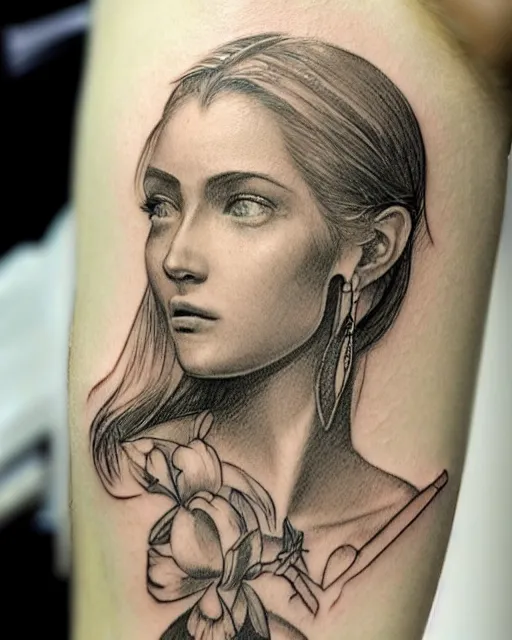 Image similar to tattoo sketch of beautiful greek goddess aphrodite with arrowhead earrings, beautiful piercing eyes, flowing blonde hair, realistic face, hyper realistic, in the style of greg rutkowski, fantasy, amazing detail, epic, intricate, elegant, smooth, sharp focus