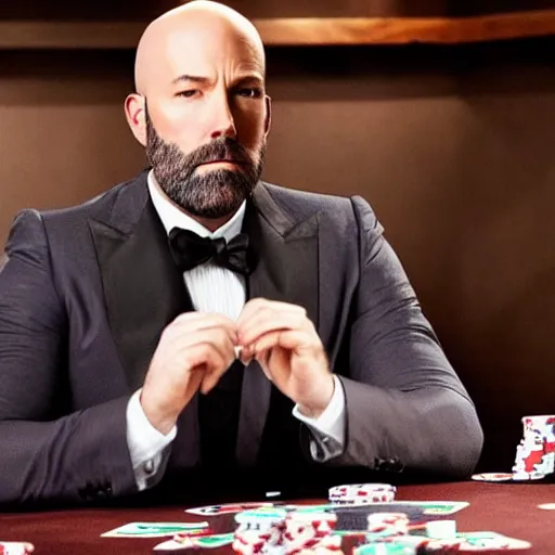 Prompt: a bald version de Ben Affleck, playing poker