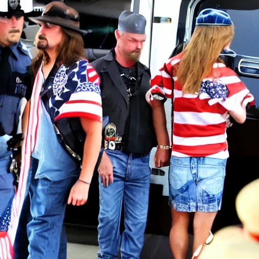 Image similar to kid rock being arrested for disparaging the american flag by wearing it as a dress, highly detailed, photographic, 4 k