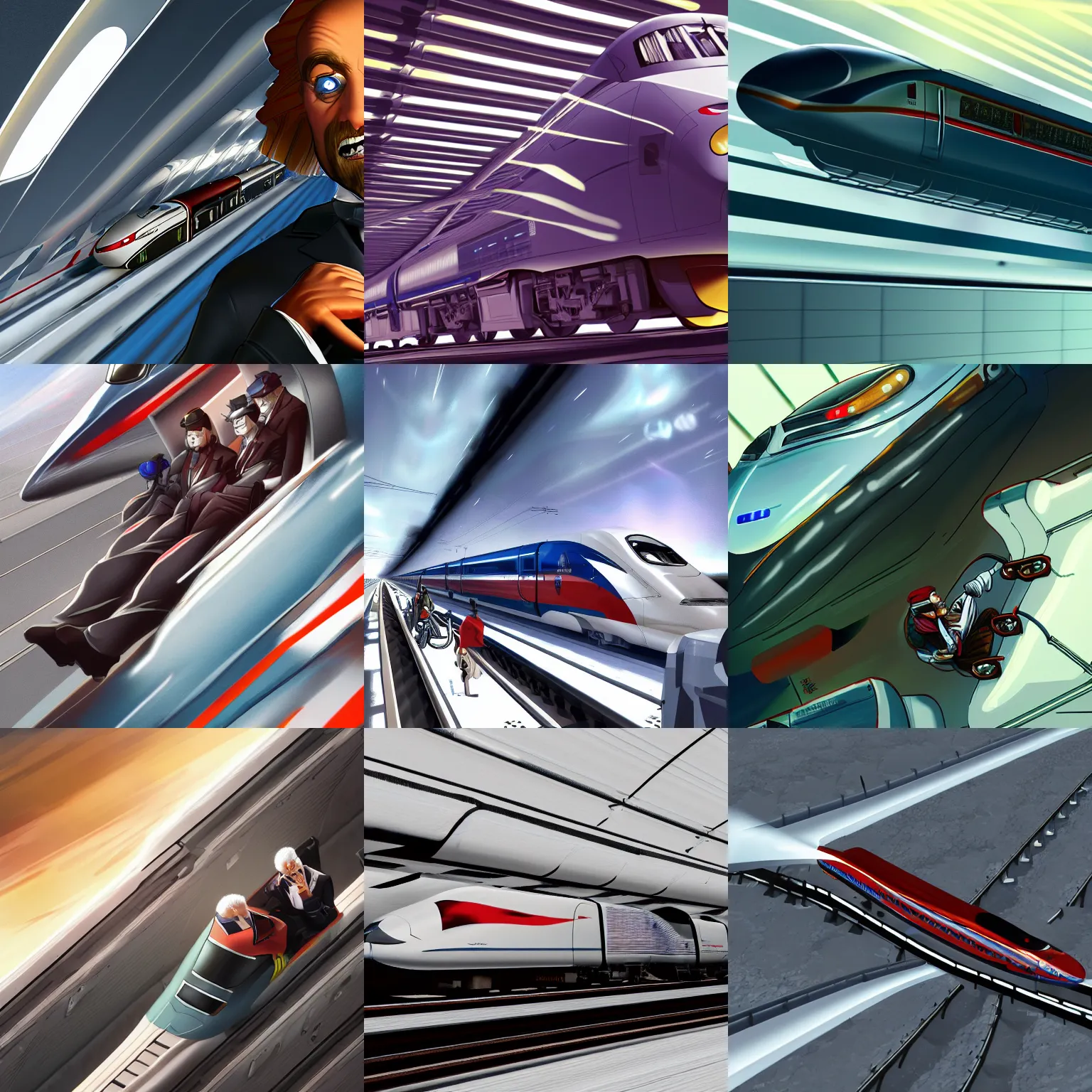 Prompt: a mad - man rides above one of the carriages of a high speed bullet train, doppler effect, close up, artstation