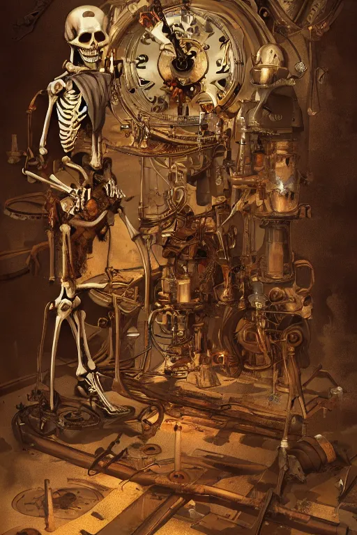 Prompt: Skeleton steampunk by Norman Rockwell, digital painting, artstation, concept art, sharp focus, cinematic lighting, illustration, cgsociety