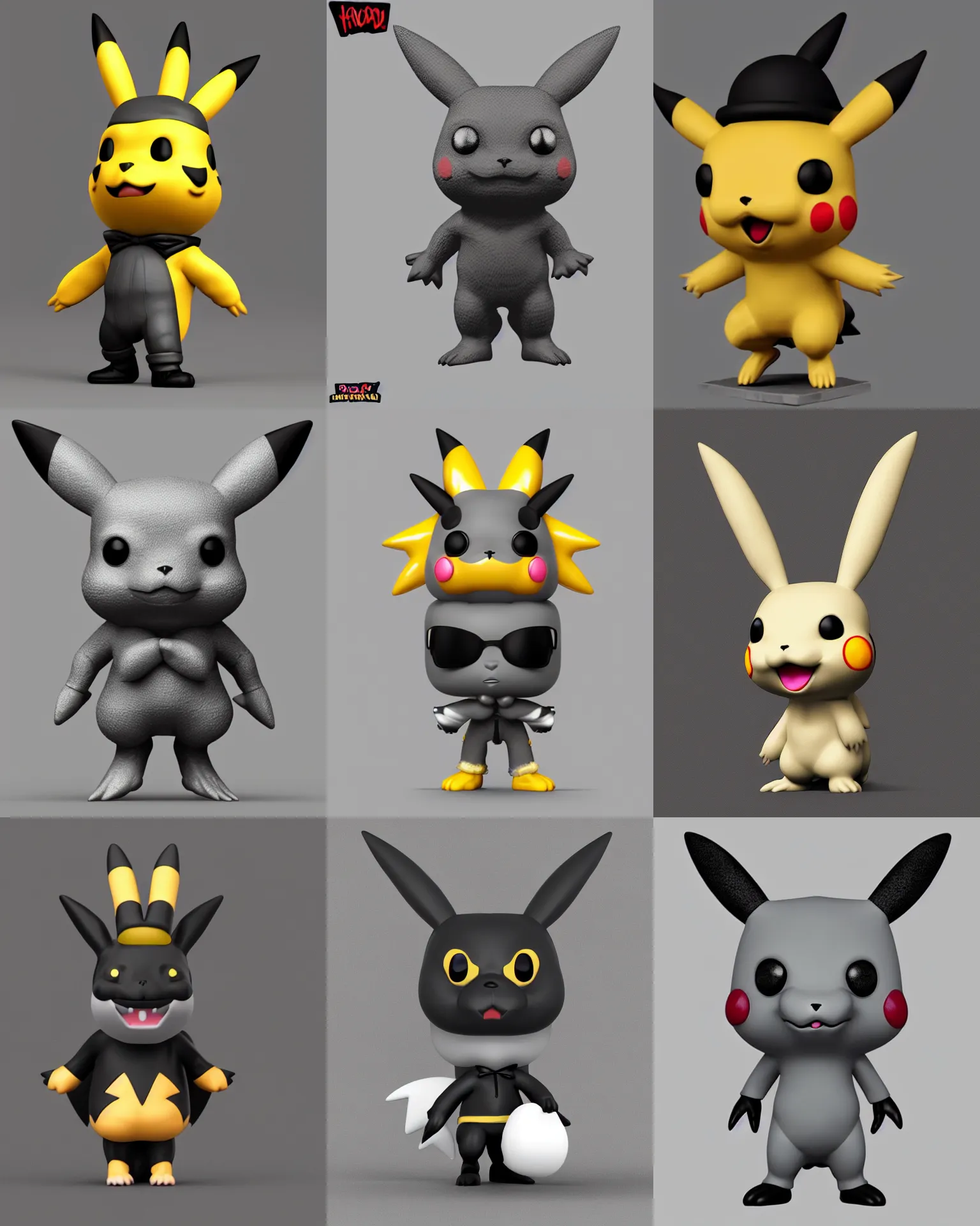 Prompt: full body 3 d render of gothic pikachu as a funko pop!, studio lighting, grey background, single body, no shadow, blender, trending on artstation, 8 k, highly detailed